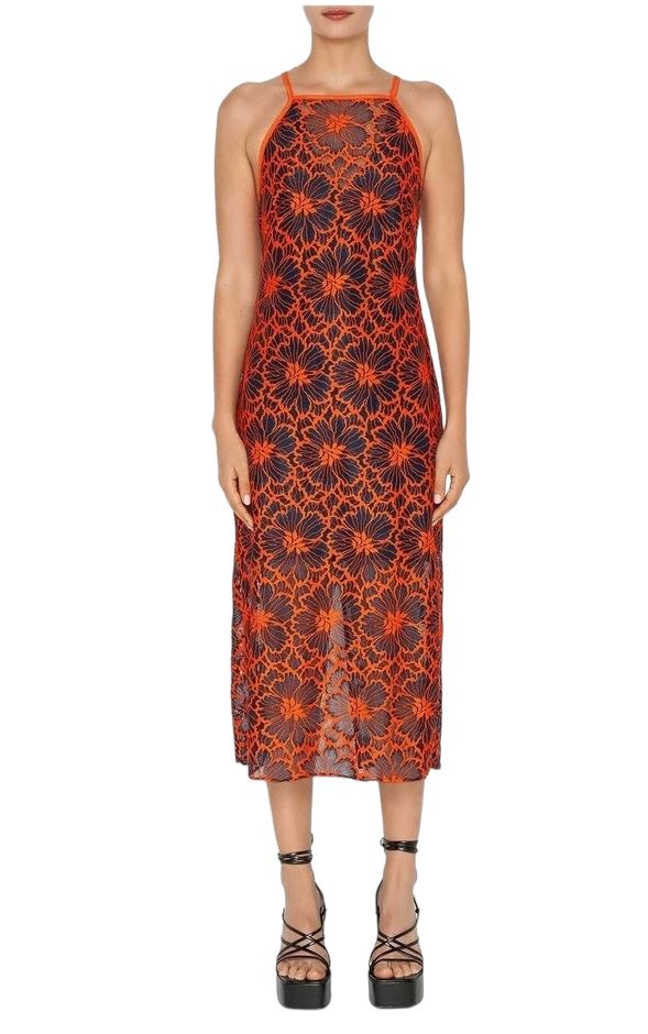 CUE Cue Contrast Floral Midi Dress | Lace Overlay, Navy & Orange, Partial Lining