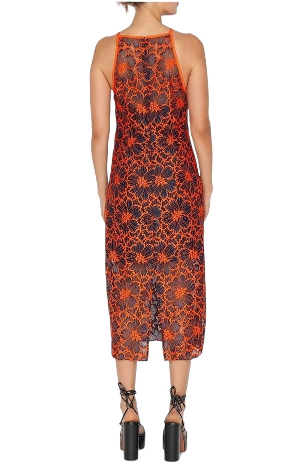 CUE Cue Contrast Floral Midi Dress | Lace Overlay, Navy & Orange, Partial Lining