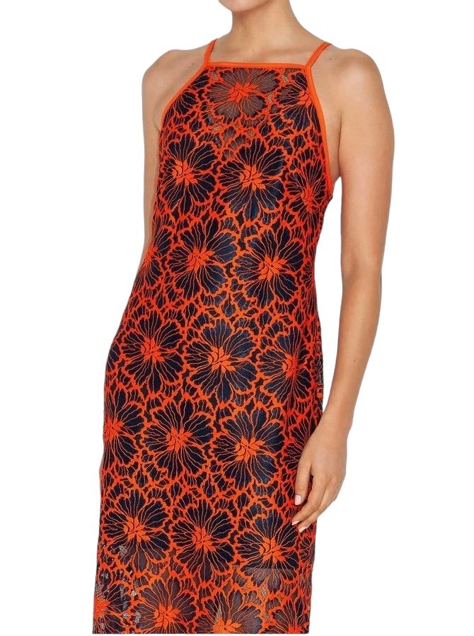 CUE Cue Contrast Floral Midi Dress | Lace Overlay, Navy & Orange, Partial Lining