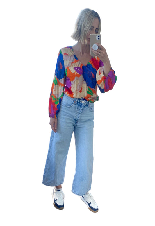 Veronika Maine Floral Blouse | Neon Peonies, V Neck, Ethical/Sustainable