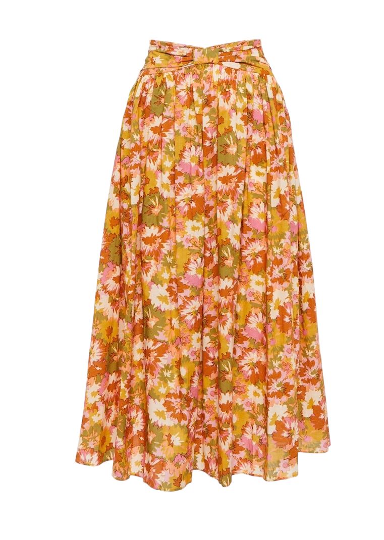 Zimmermann Violet Twist Waist Skirt | Khaki Floral, Midi, Cotton, High Waist