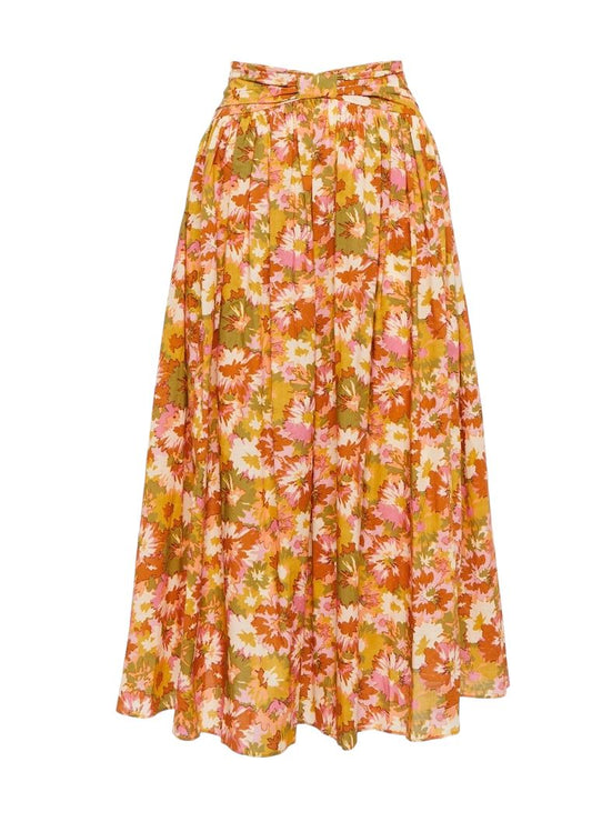 Zimmermann Violet Twist Waist Skirt | Khaki Floral, Midi, Cotton, High Waist