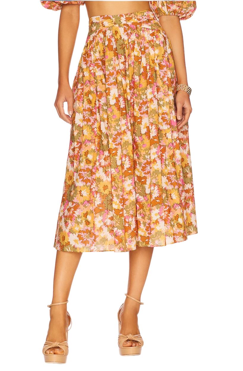 Zimmermann Violet Twist Waist Skirt | Khaki Floral, Midi, Cotton, High Waist