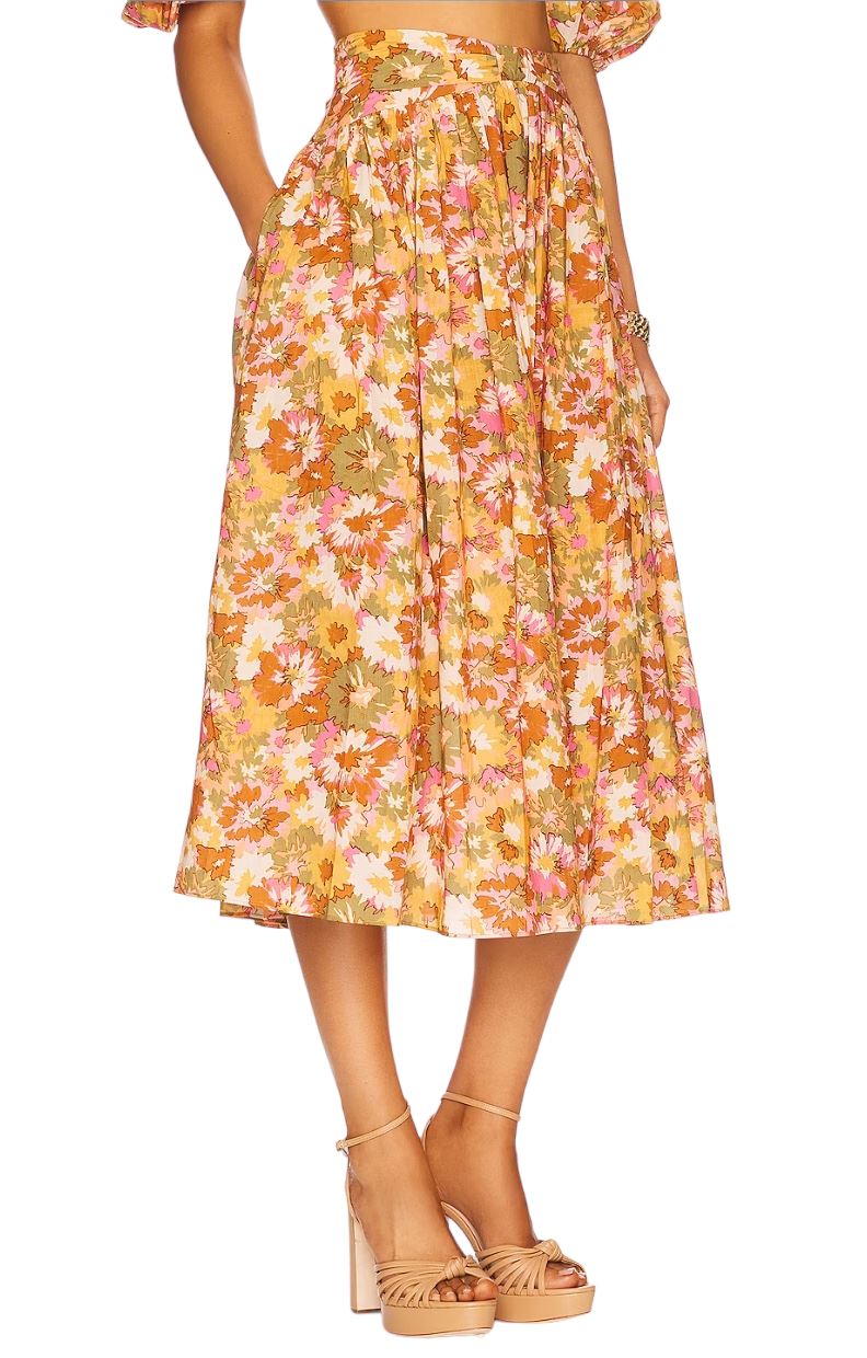 Zimmermann Violet Twist Waist Skirt | Khaki Floral, Midi, Cotton, High Waist