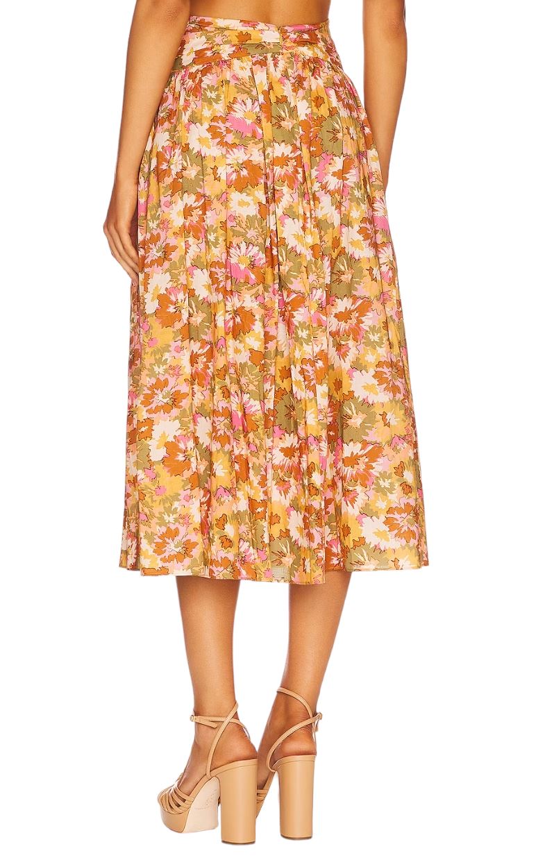 Zimmermann Violet Twist Waist Skirt | Khaki Floral, Midi, Cotton, High Waist