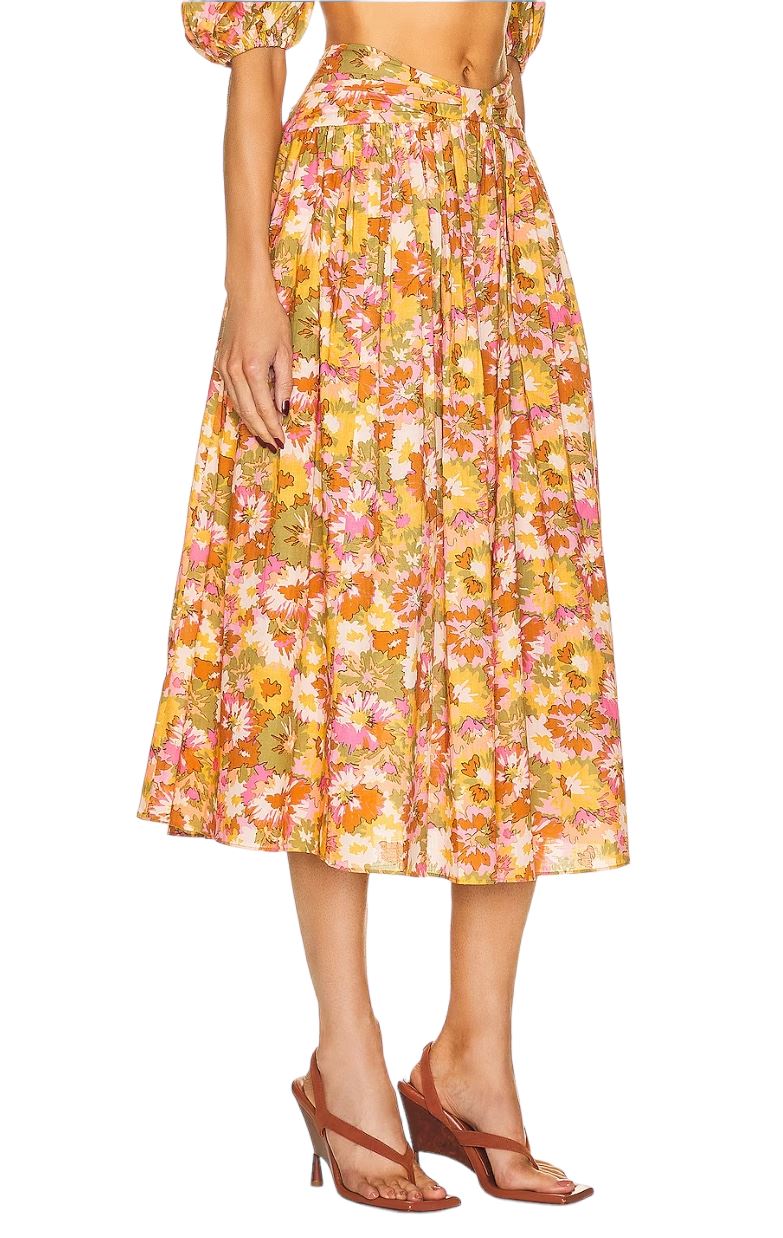 Zimmermann Violet Twist Waist Skirt | Khaki Floral, Midi, Cotton, High Waist