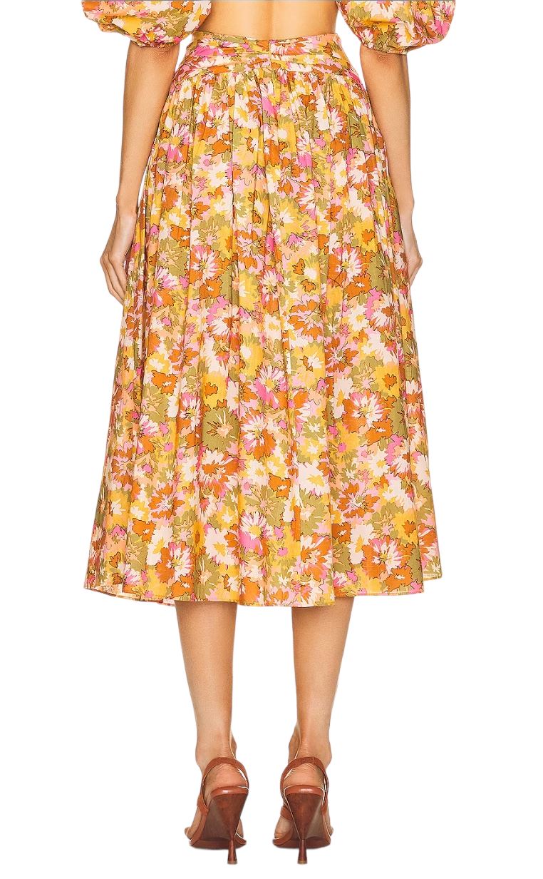 Zimmermann Violet Twist Waist Skirt | Khaki Floral, Midi, Cotton, High Waist