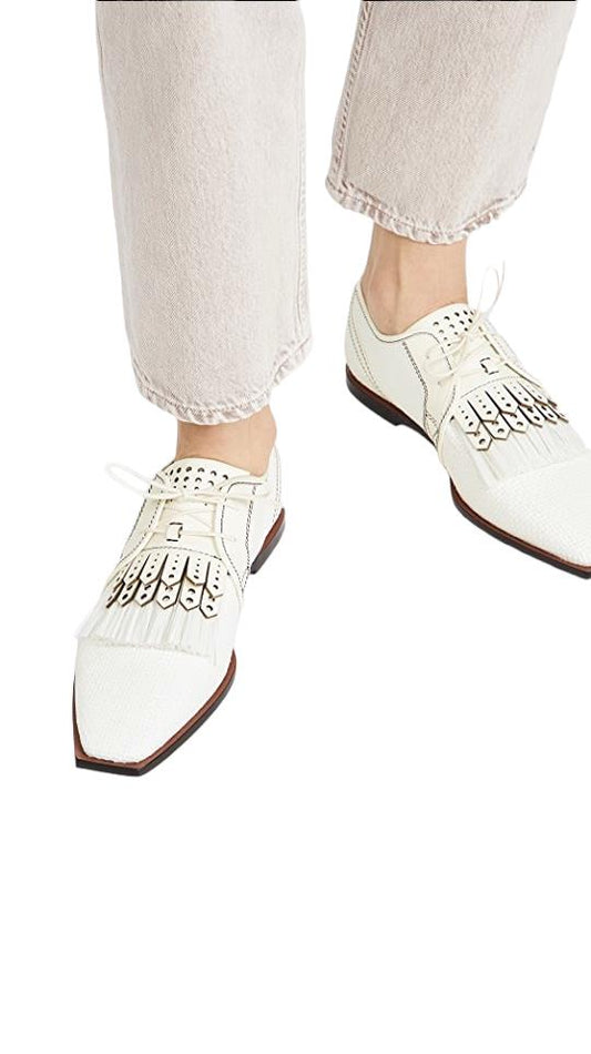 Zimmermann Lace Up Golf Shoes | Milk/White, Square, Suede, Flats made in ITALY