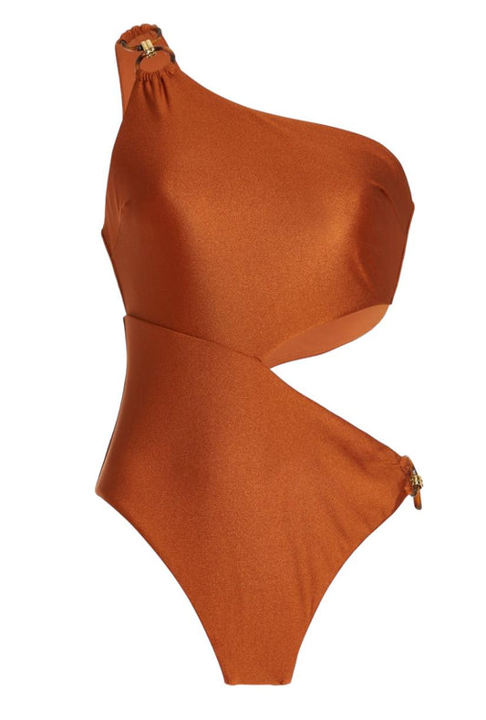 Zimmermann Violet Asymmetric One Piece Swimsuit | Caramel, One Shoulder, Cut Out