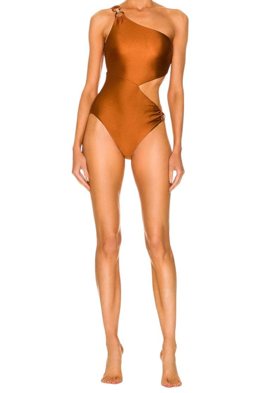 Zimmermann Violet Asymmetric One Piece Swimsuit | Caramel, One Shoulder, Cut Out