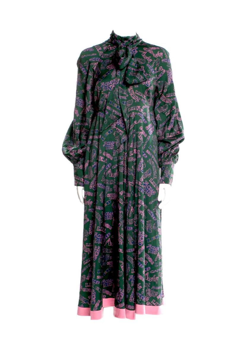 Zimmermann Day Midi Dress | Green/Pink, Zodiac Word Print, Neck Tie