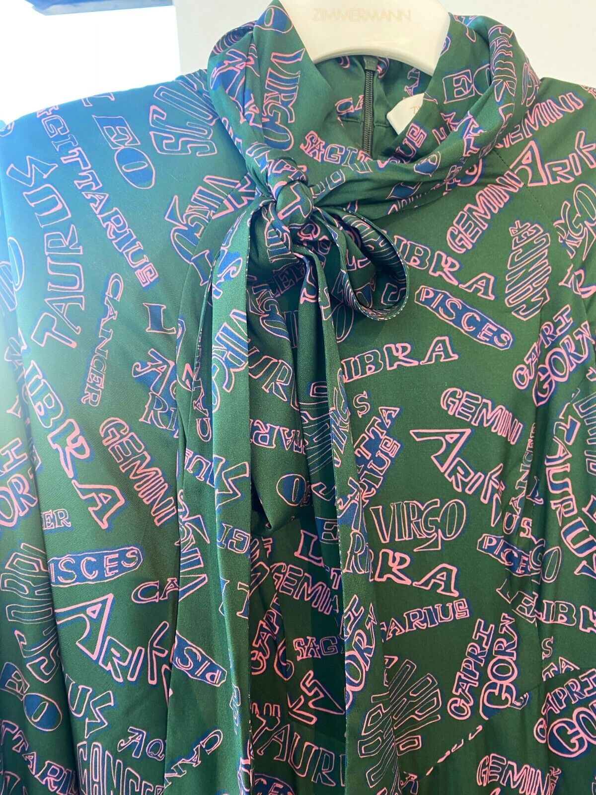 Zimmermann Day Midi Dress | Green/Pink, Zodiac Word Print, Neck Tie