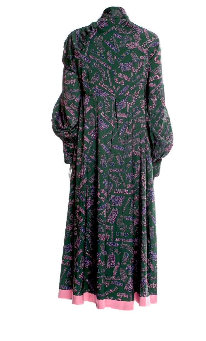 Zimmermann Day Midi Dress | Green/Pink, Zodiac Word Print, Neck Tie