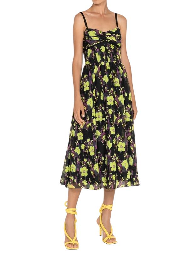 CUE Floral Midi Dress | Shoestring Straps, Black/Yellow, Size 12, Cotton/Silk