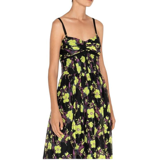 CUE Floral Midi Dress | Shoestring Straps, Black/Yellow, Size 12, Cotton/Silk