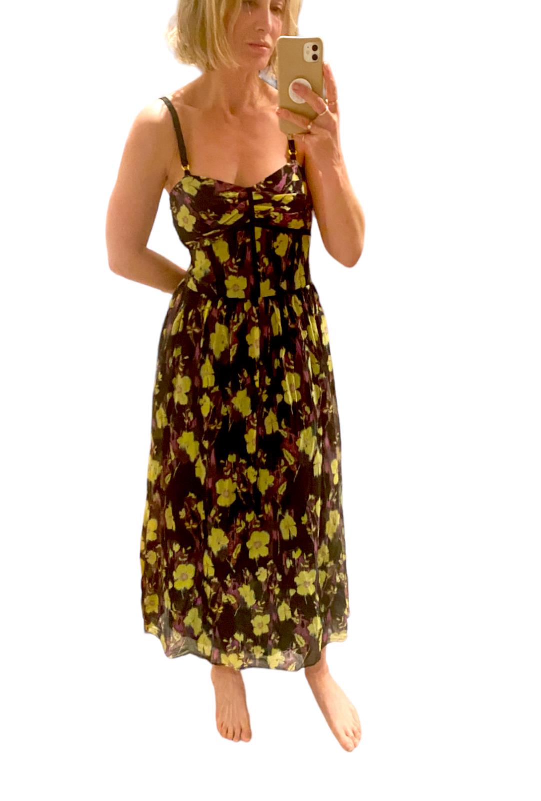 CUE Floral Midi Dress | Shoestring Straps, Black/Yellow, Size 12, Cotton/Silk