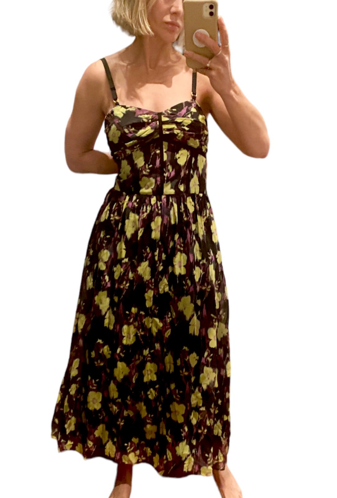 CUE Floral Midi Dress | Shoestring Straps, Black/Yellow, Size 12, Cotton/Silk