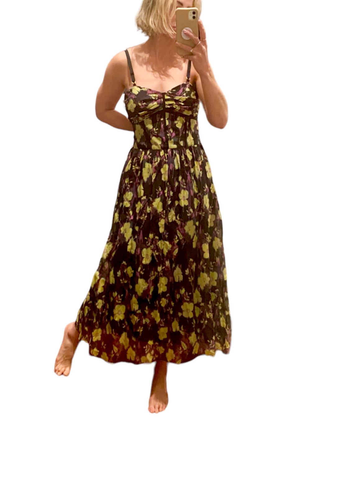 CUE Floral Midi Dress | Shoestring Straps, Black/Yellow, Size 12, Cotton/Silk