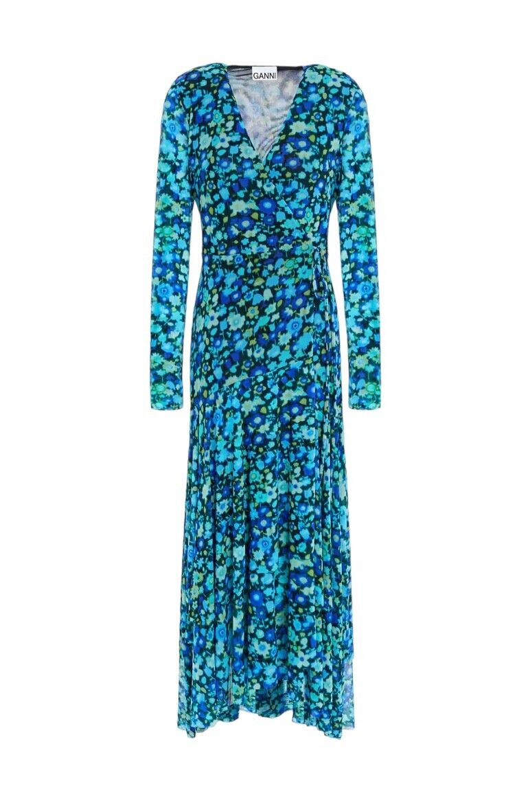 Ganni Wrap Midi Dress | Mesh Material, Lined, Stretch, Blue Floral, Size 36