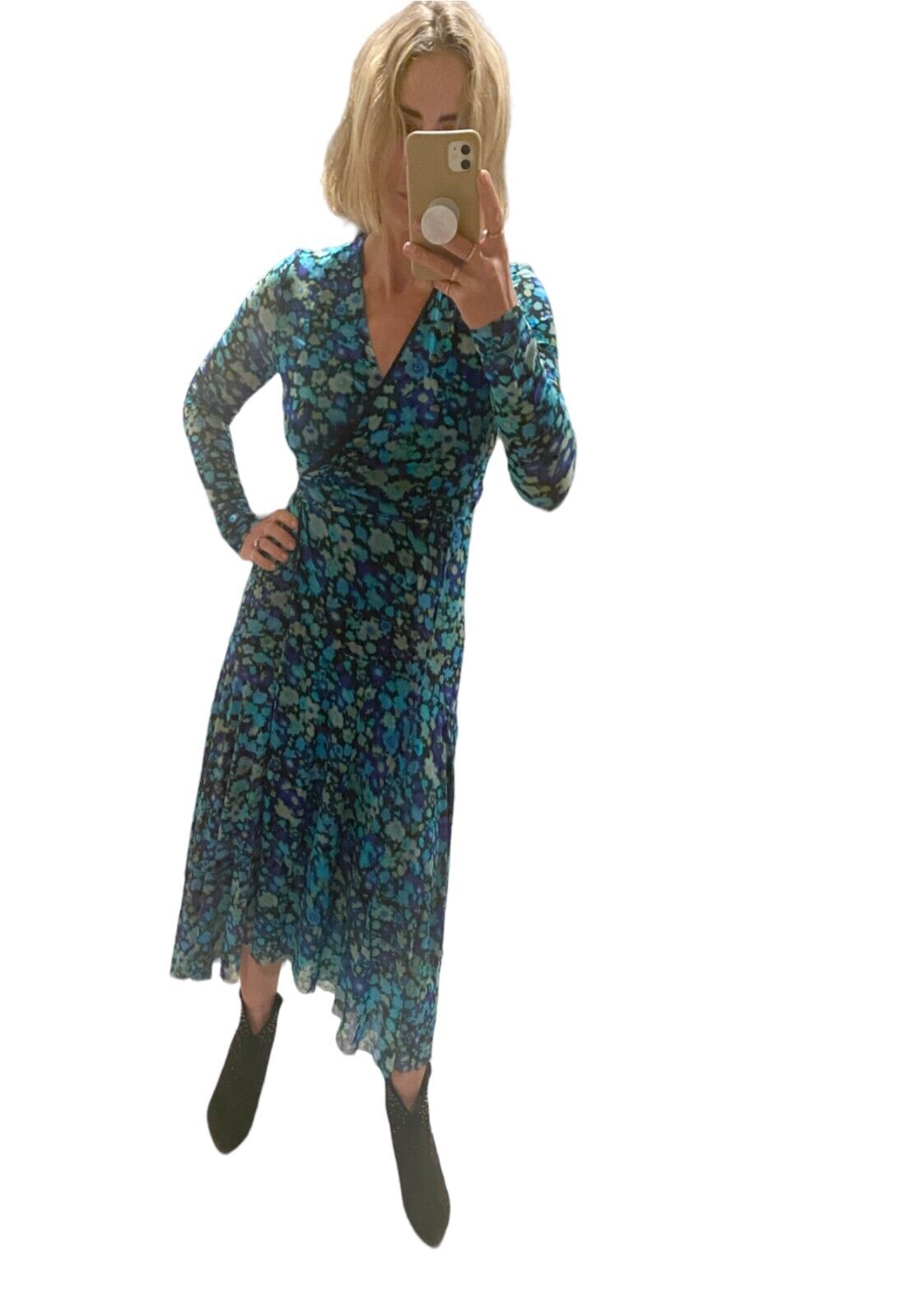 Ganni Wrap Midi Dress | Mesh Material, Lined, Stretch, Blue Floral, Size 36