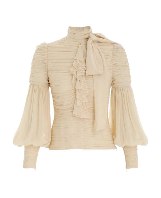 Zimmermann Celestial Ruched Blouse | Cream/Beige, Puff Sleeves, Pussy Bow