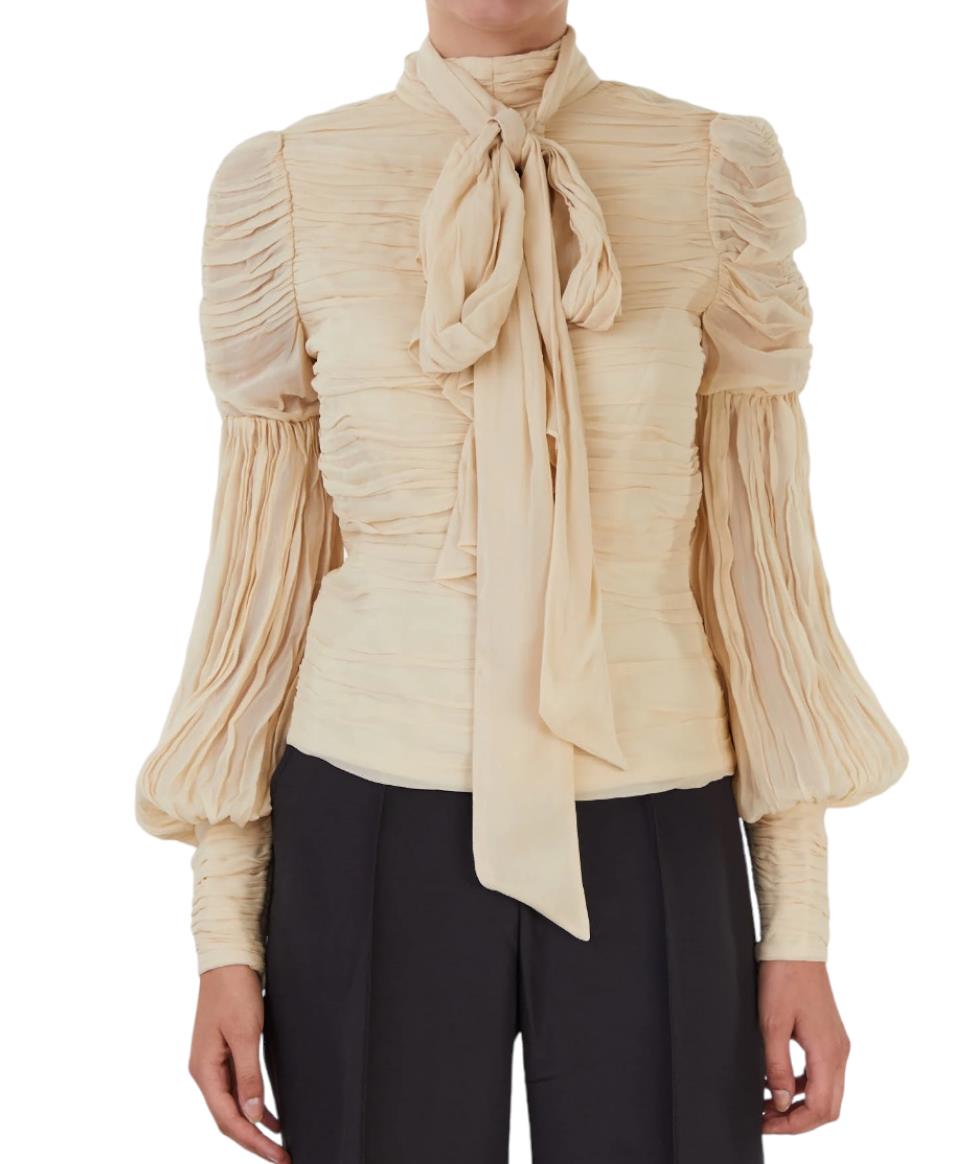 Zimmermann Celestial Ruched Blouse | Cream/Beige, Puff Sleeves, Pussy Bow