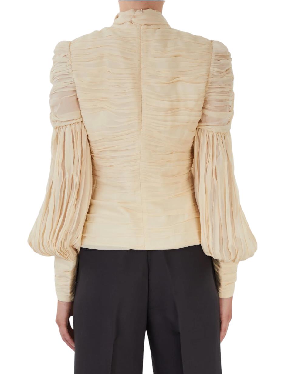 Zimmermann Celestial Ruched Blouse | Cream/Beige, Puff Sleeves, Pussy Bow