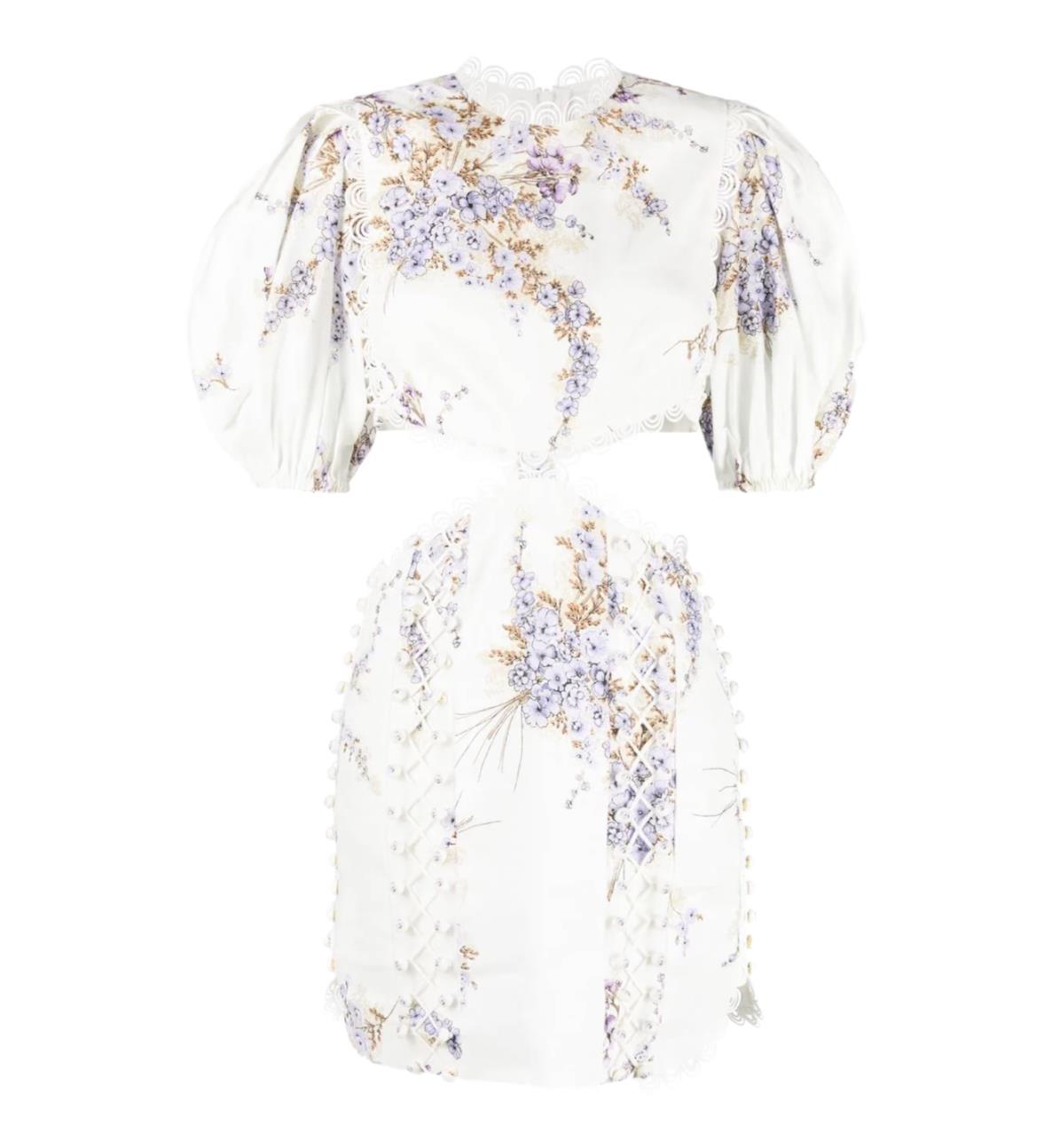 Zimmermannn Jude Cutout Mini Dress | Linen, Lilac Floral, Lace-Up Detail