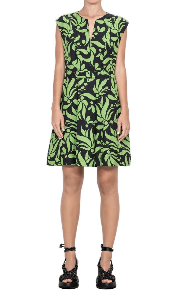 Veronika Maine Ivy Deco Leaves Short Dress | Green/Black, Tunic Neck, Floral