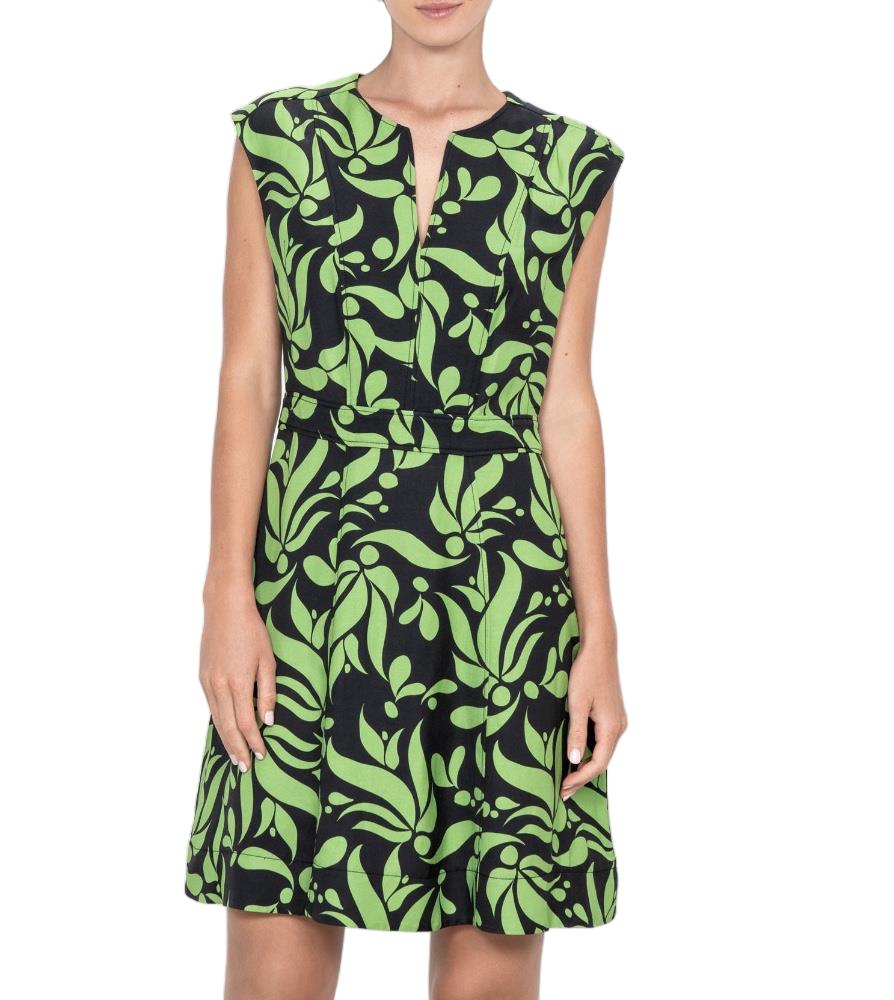 Veronika Maine Ivy Deco Leaves Short Dress | Green/Black, Tunic Neck, Floral