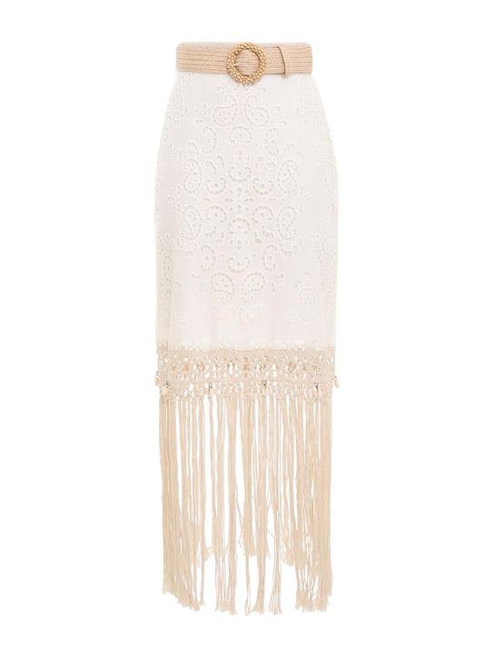 Zimmermann Vitali Fringe Skirt | White Broderie Anglaise, Rattan Belt, Cotton