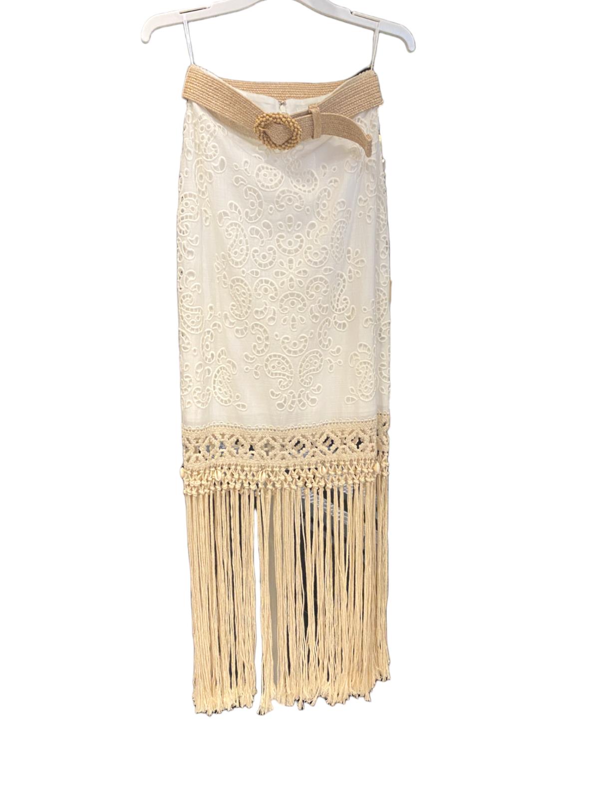 Zimmermann Vitali Fringe Skirt | White Broderie Anglaise, Rattan Belt, Cotton