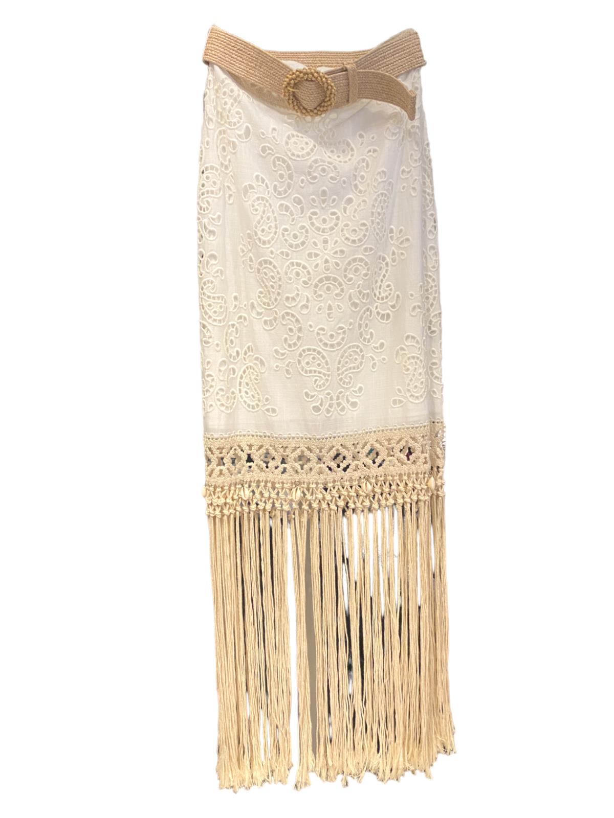 Zimmermann Vitali Fringe Skirt | White Broderie Anglaise, Rattan Belt, Cotton