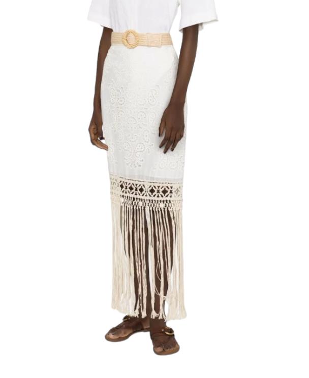 Zimmermann Vitali Fringe Skirt | White Broderie Anglaise, Rattan Belt, Cotton