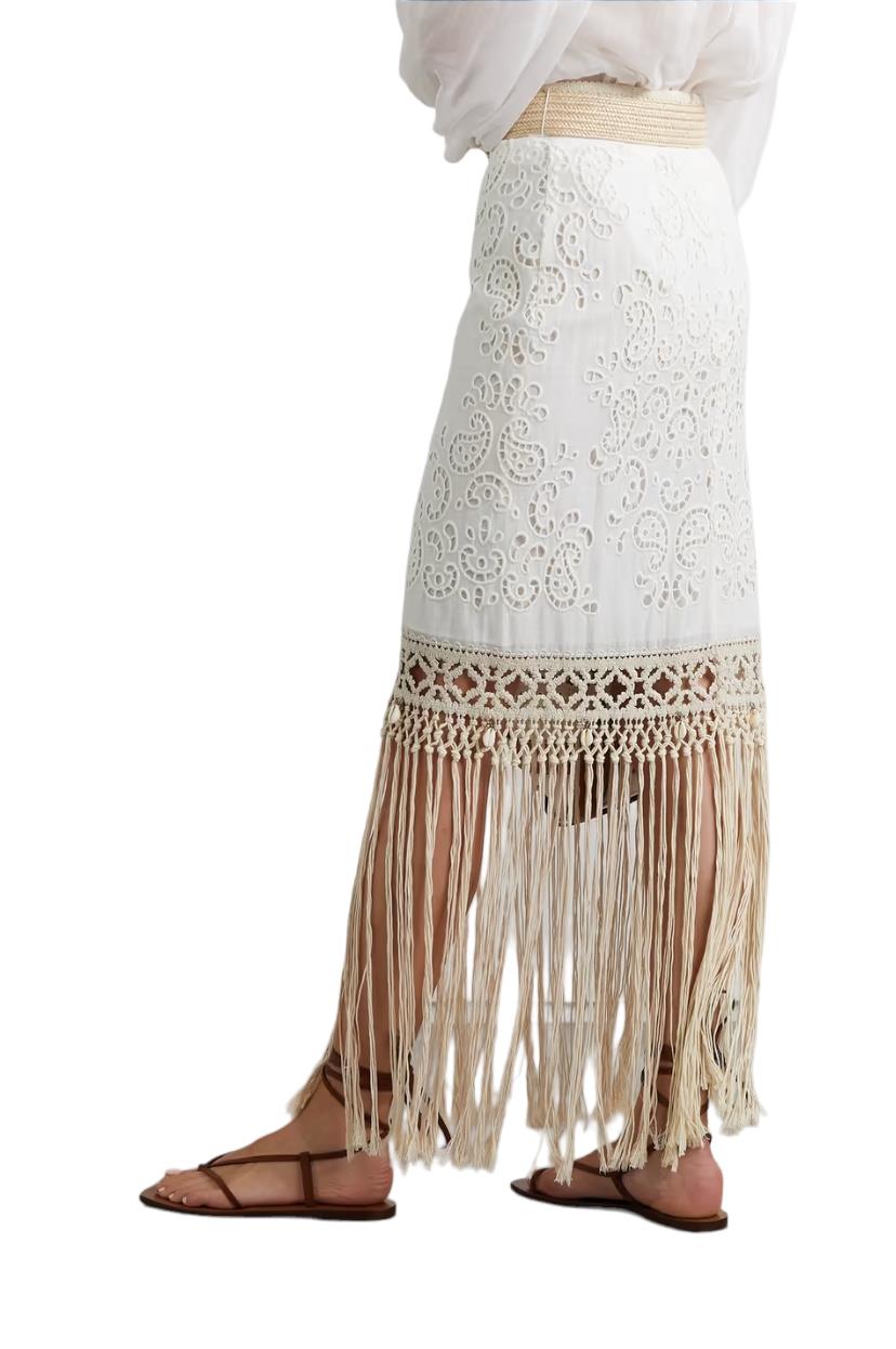 Zimmermann Vitali Fringe Skirt | White Broderie Anglaise, Rattan Belt, Cotton