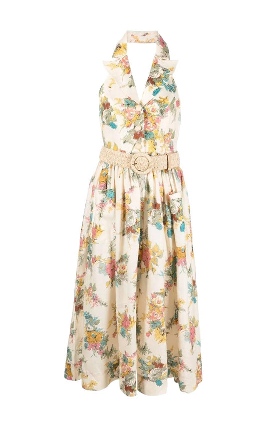 Zimmermann Clover Halter Shirt Dress | Open Back, Floral, Collar, Wicker Belt