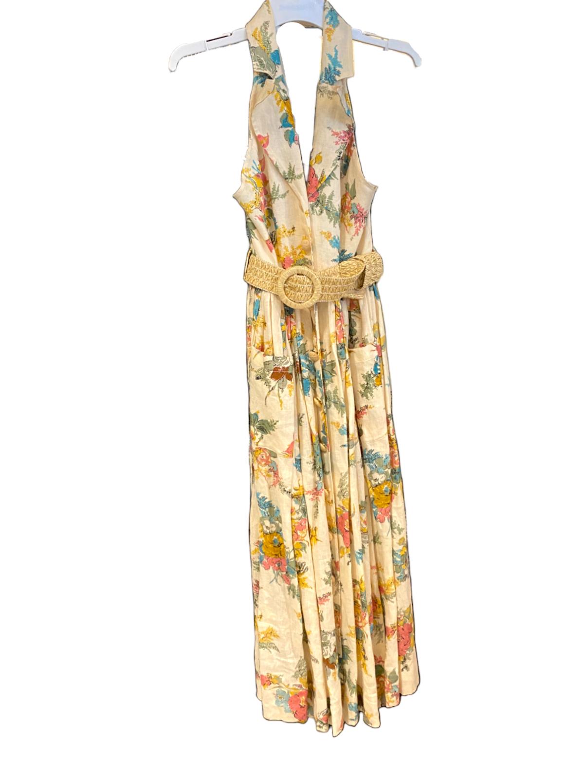 Zimmermann Clover Halter Shirt Dress | Open Back, Floral, Collar, Wicker Belt