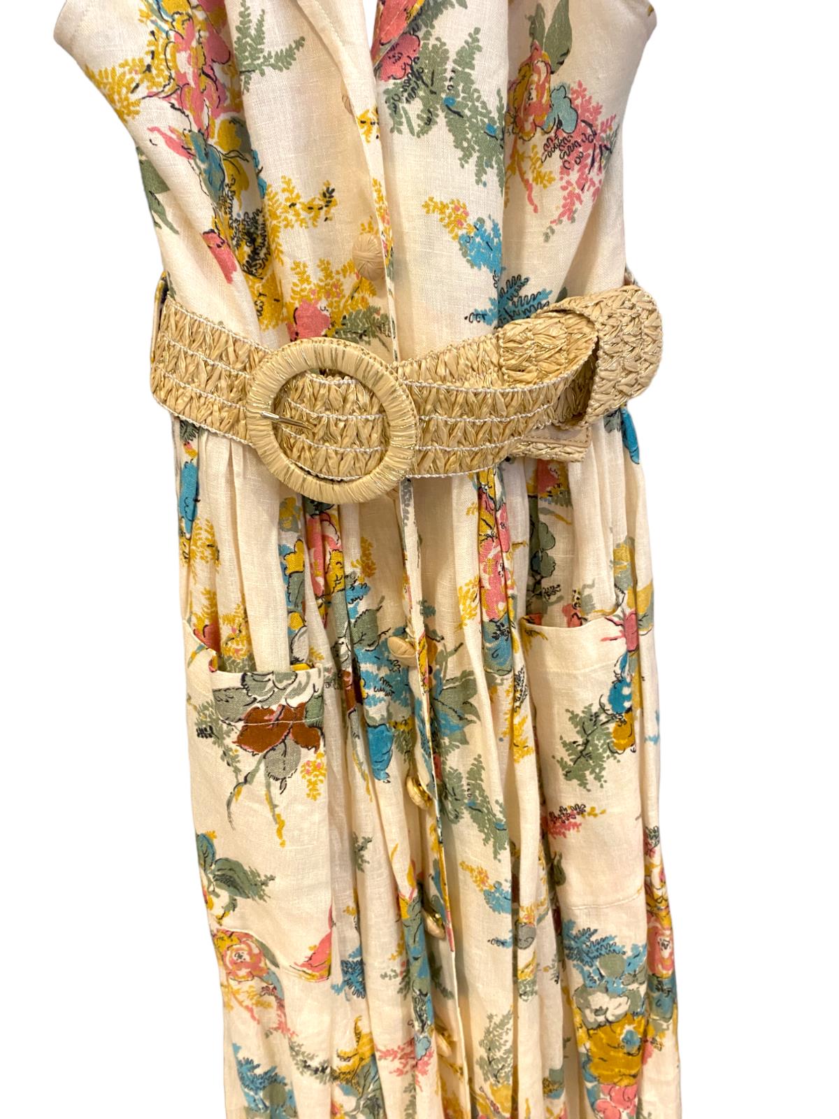 Zimmermann Clover Halter Shirt Dress | Open Back, Floral, Collar, Wicker Belt