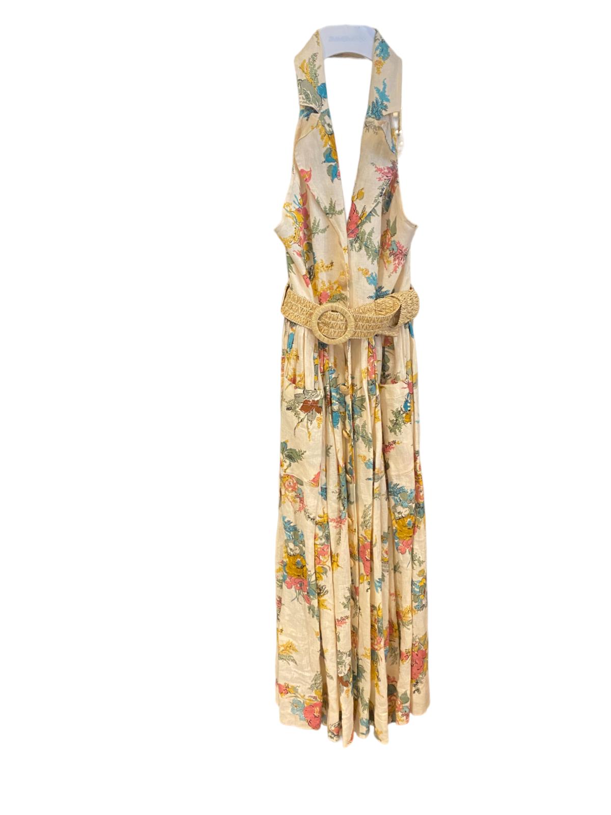 Zimmermann Clover Halter Shirt Dress | Open Back, Floral, Collar, Wicker Belt