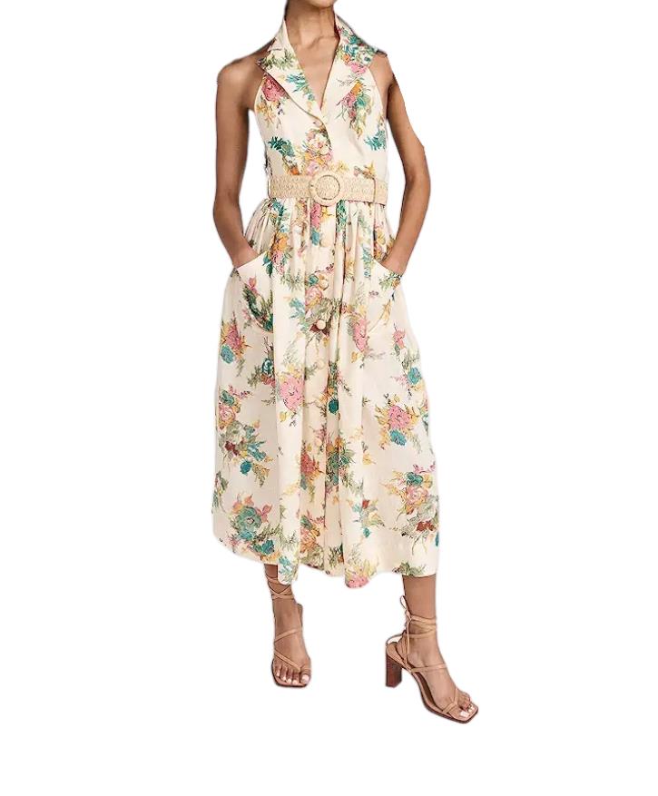 Zimmermann Clover Halter Shirt Dress | Open Back, Floral, Collar, Wicker Belt