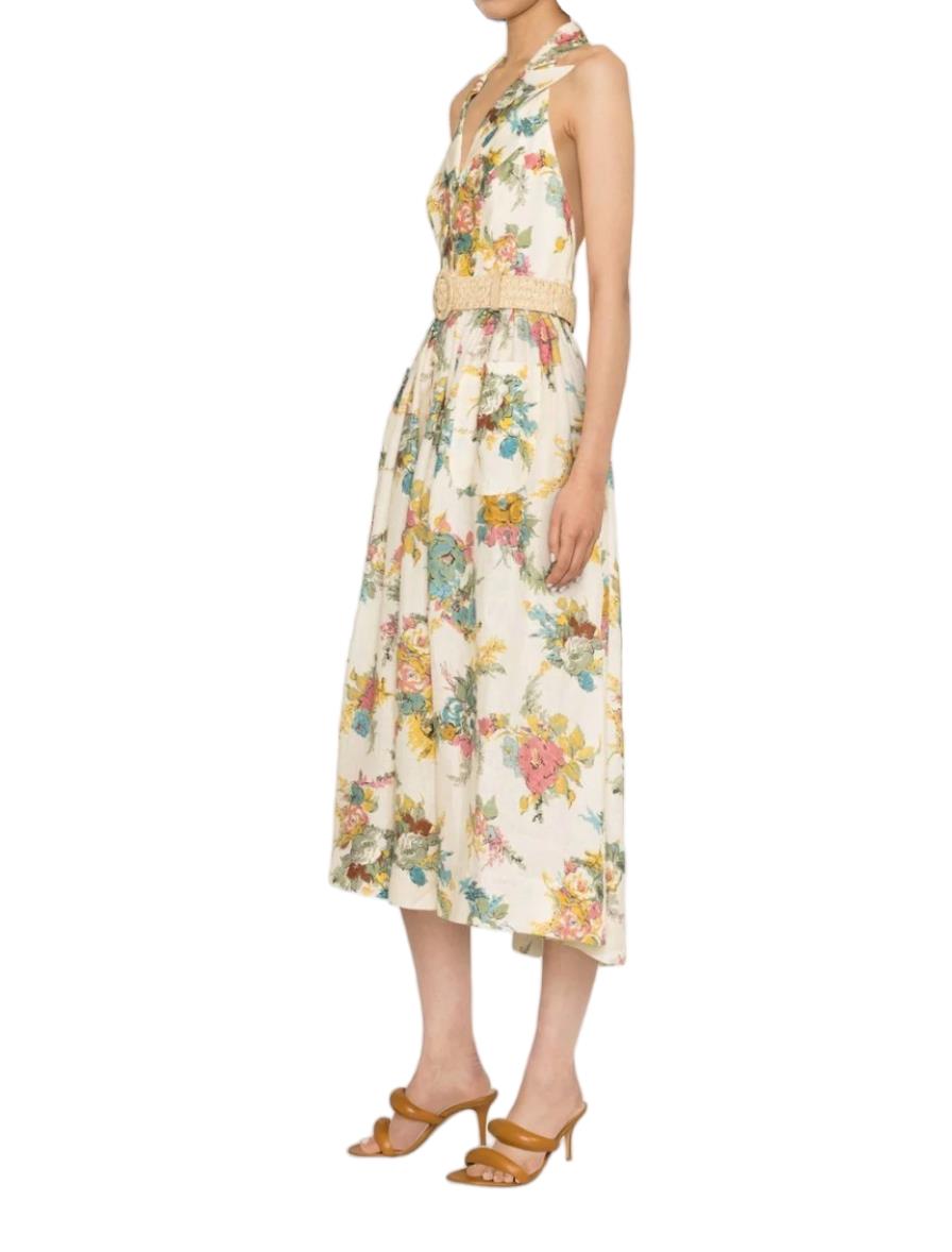 Zimmermann Clover Halter Shirt Dress | Open Back, Floral, Collar, Wicker Belt