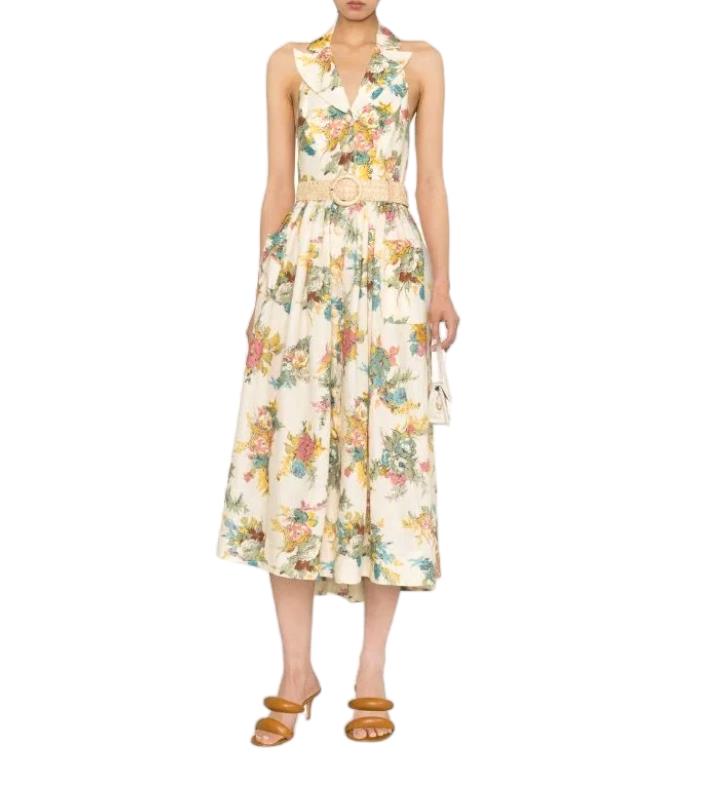 Zimmermann Clover Halter Shirt Dress | Open Back, Floral, Collar, Wicker Belt