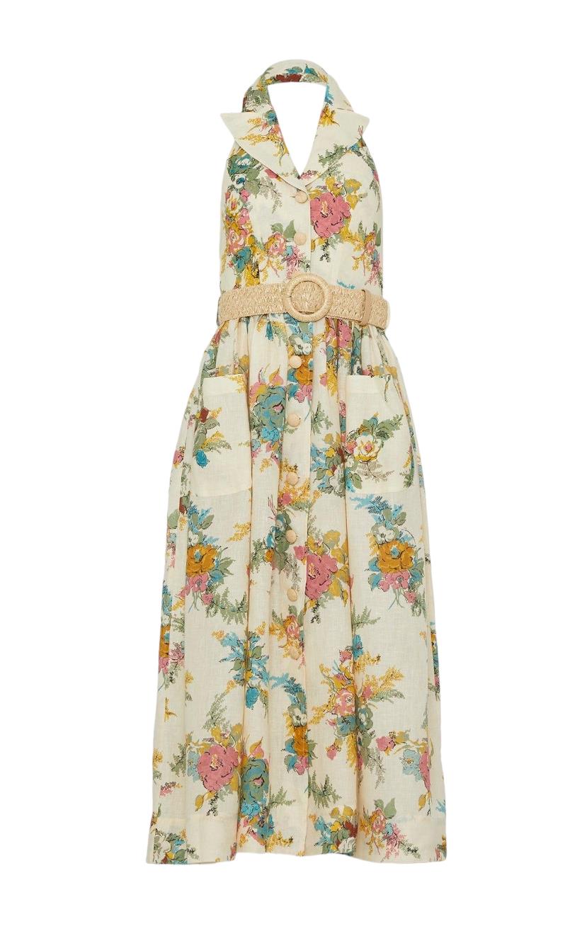 Zimmermann Clover Halter Shirt Dress | Open Back, Floral, Collar, Wicker Belt