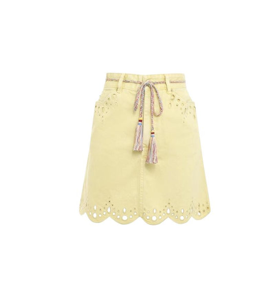 Zimmermann Clover Scallop Hem Mini Skirt | Pale Yellow Denim, Scallop, Tie Belt