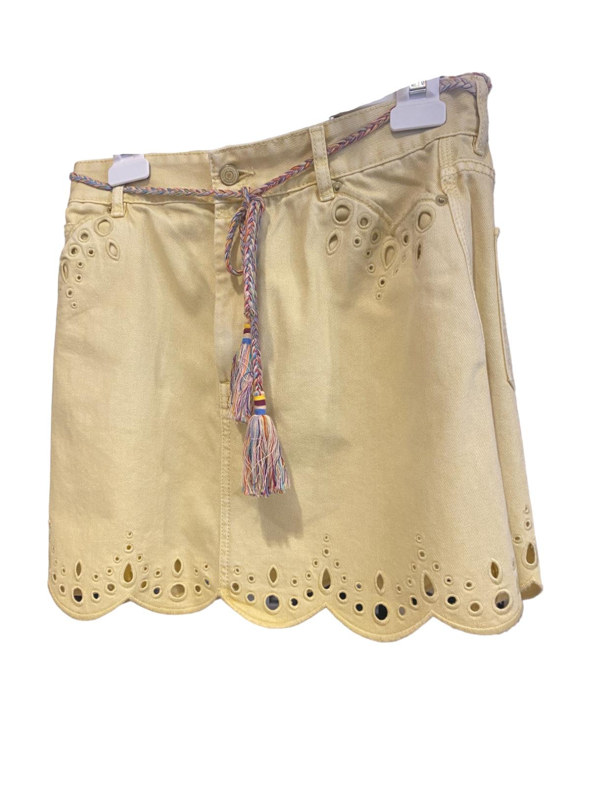 Zimmermann Clover Scallop Hem Mini Skirt | Pale Yellow Denim, Scallop, Tie Belt