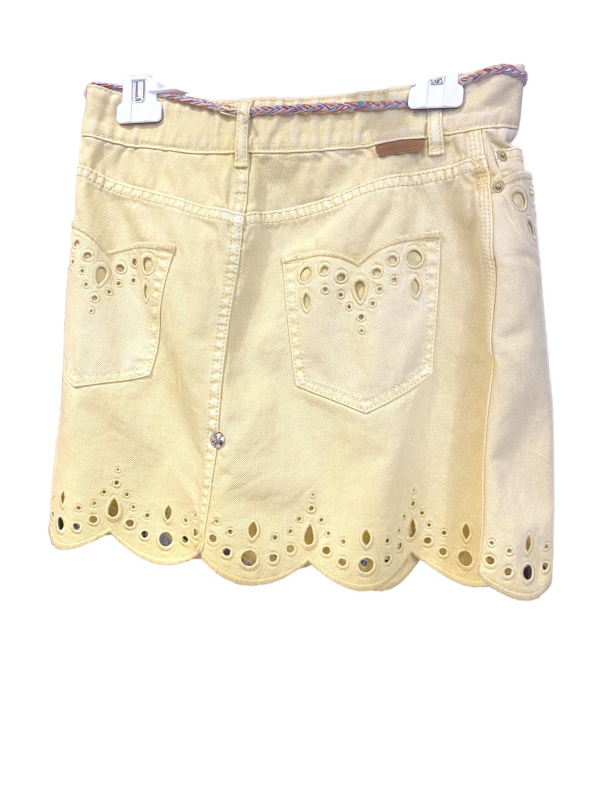 Zimmermann Clover Scallop Hem Mini Skirt | Pale Yellow Denim, Scallop, Tie Belt