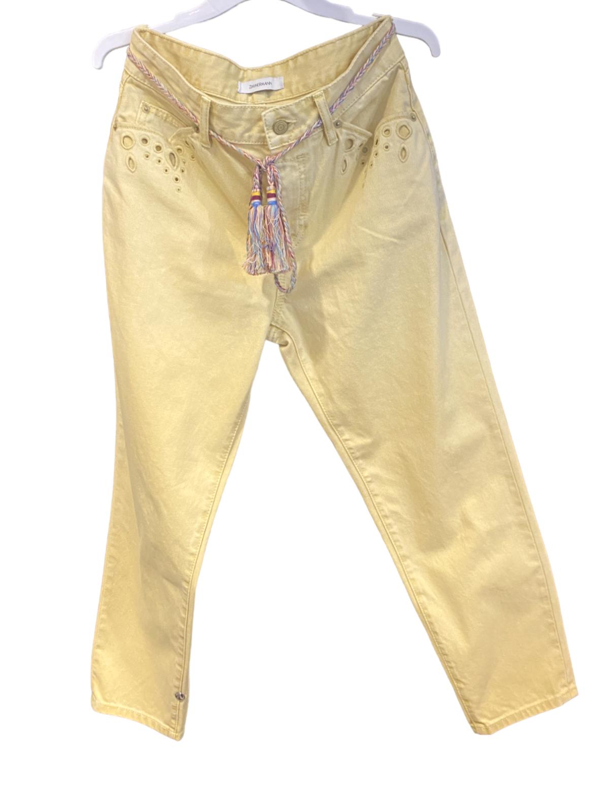 Zimmermann Clover Stove Pipe Jeans | Pale Yellow, High Waist, Embroidery, Belt