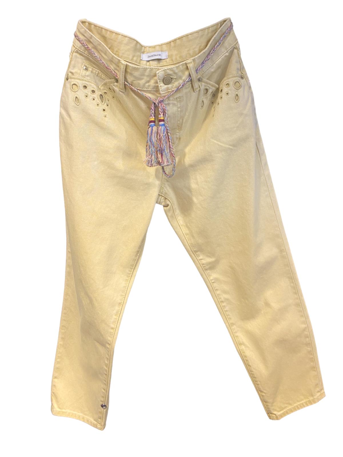 Zimmermann Clover Stove Pipe Jeans | Pale Yellow, High Waist, Embroidery, Belt