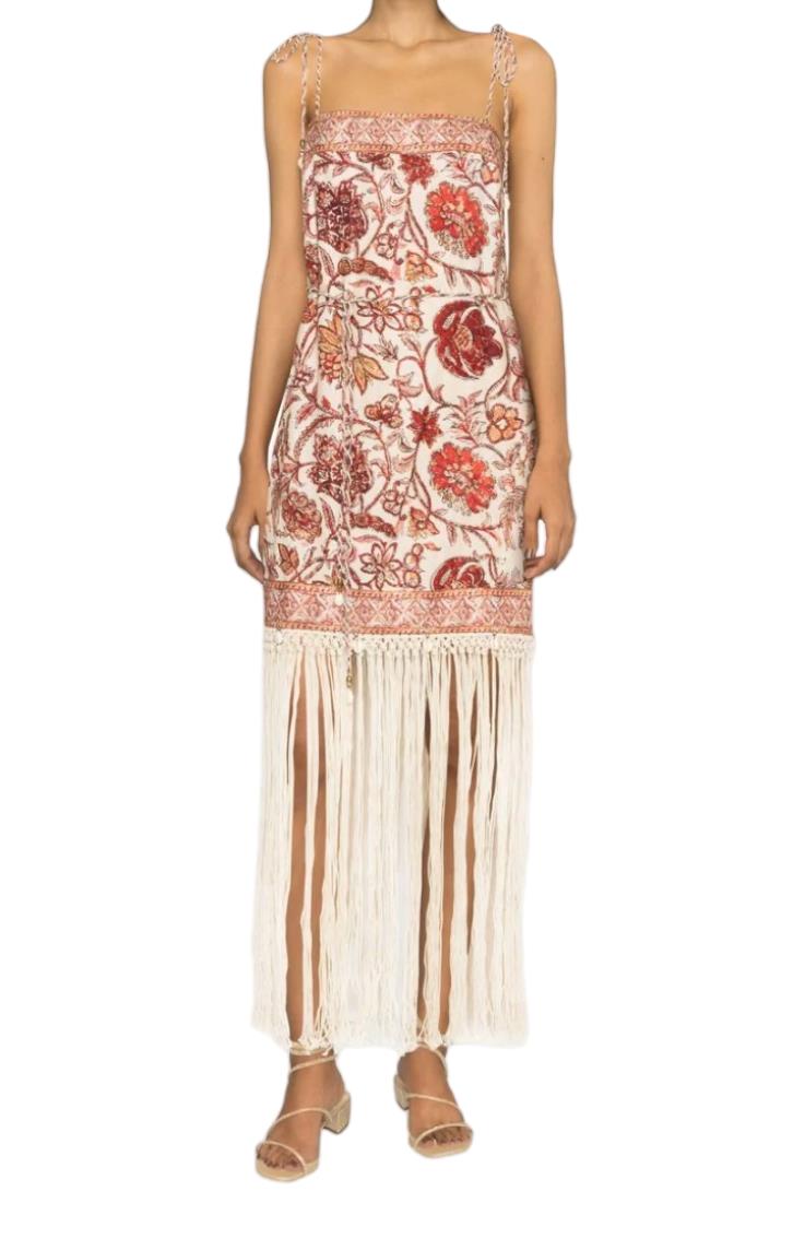 Zimmermann Vitali Fringe Mini Dress | Sepia Floral, Tie Belt/Strap, Shells/Beads