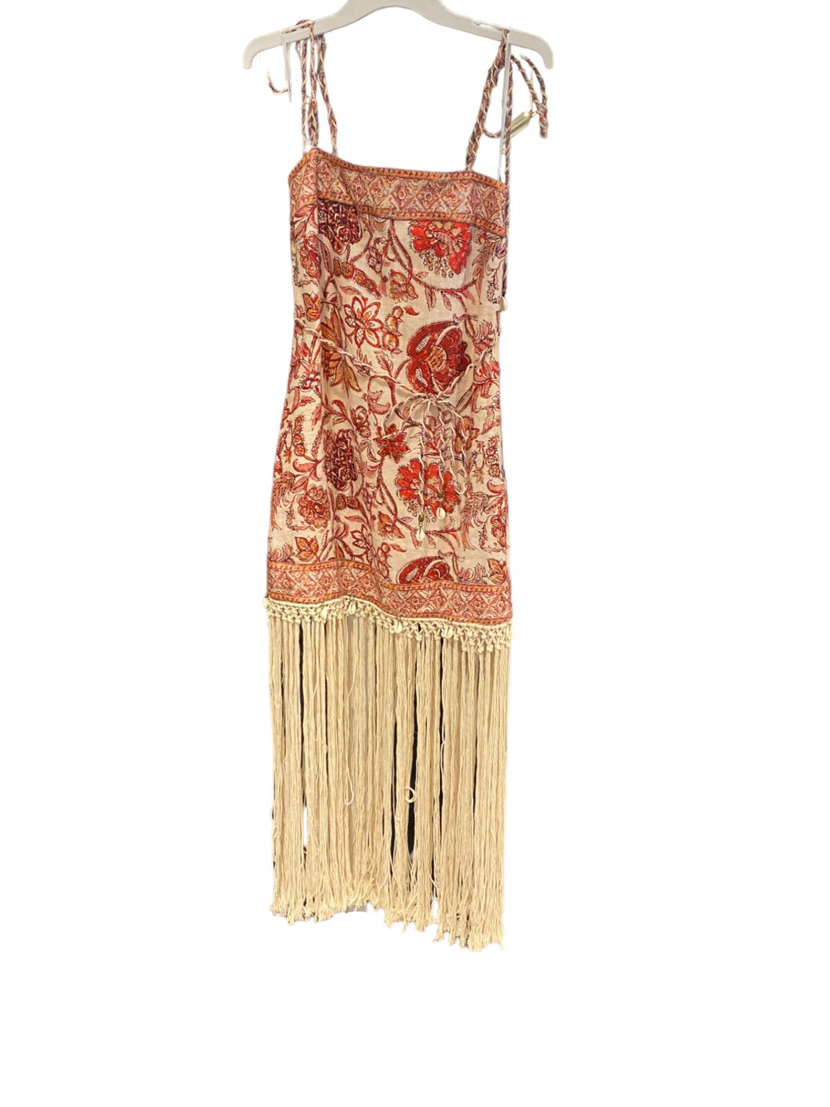 Zimmermann Vitali Fringe Mini Dress | Sepia Floral, Tie Belt/Strap, Shells/Beads